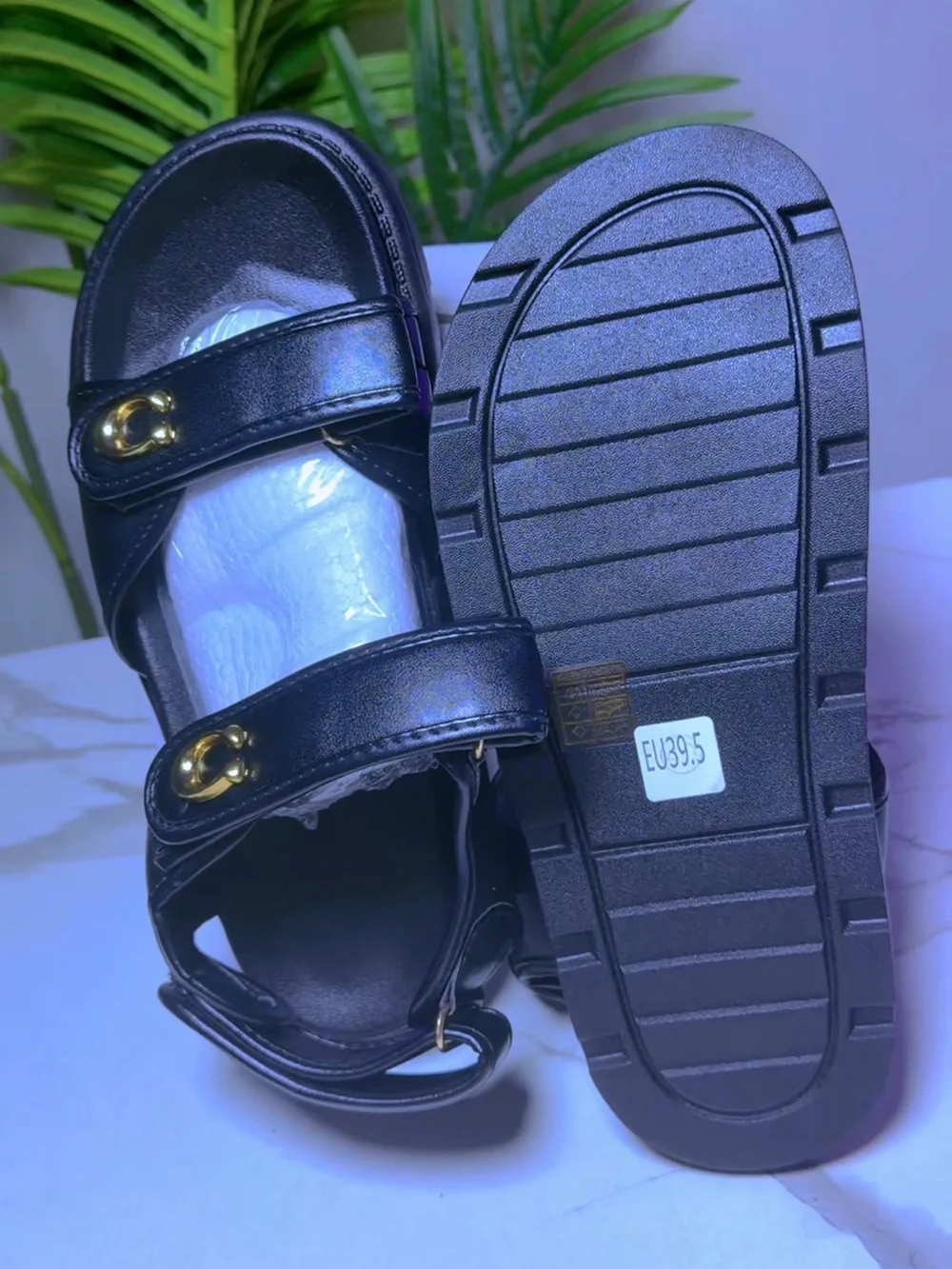 Kids Black Leather-Look Sandals with Gold Accent